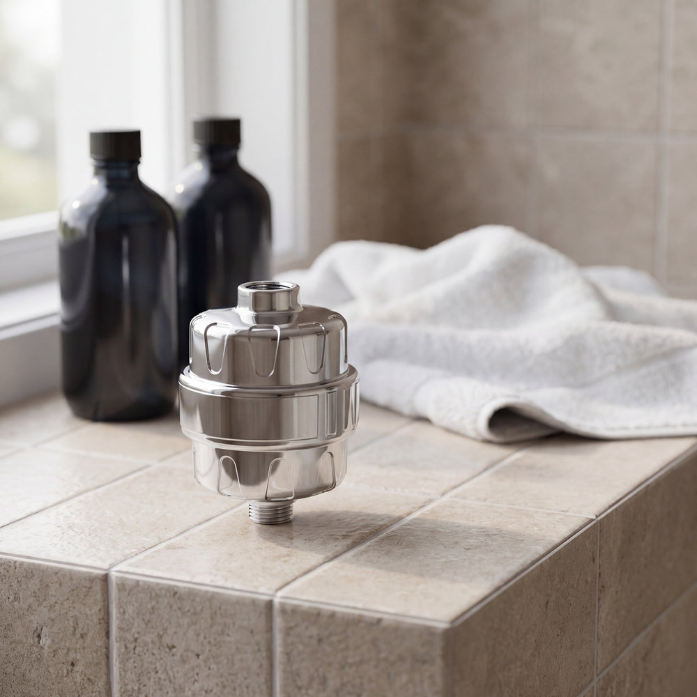 RinseKind shower filter on a stone bathroom shelf beside a towel